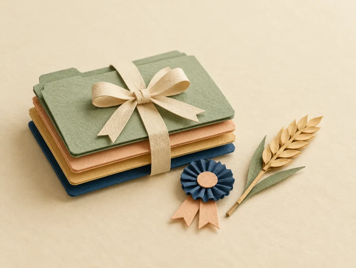 A paper-craft stack of sage, peach, wheat and navy file folders tied with a paper ribbon, beside a paper rosette and a paper wheat stalk.