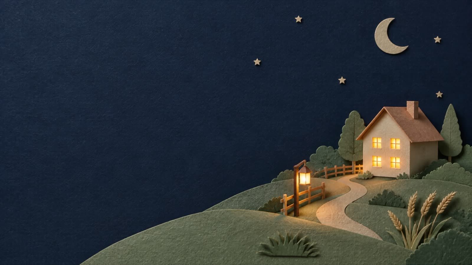 The paper-craft house at night with every window lit, a crescent moon and a lantern by the path.